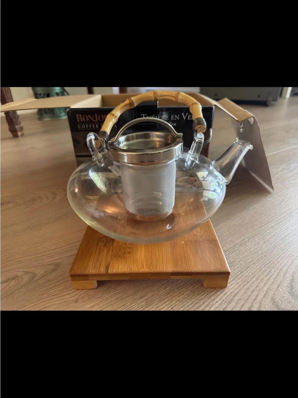 Clear Glass Teapot with Bamboo Handle and Stainless Steel Infuser - Unbranded